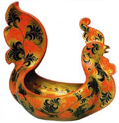Traditional Russian Khokhloma decorated timber bowl in the shape of a rooster