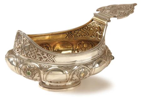 Russian Silver Serving Bowl with Gemstone Inlays